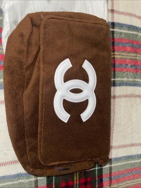 CHANEL Brown Suede Clutch with White Interlocking Logo